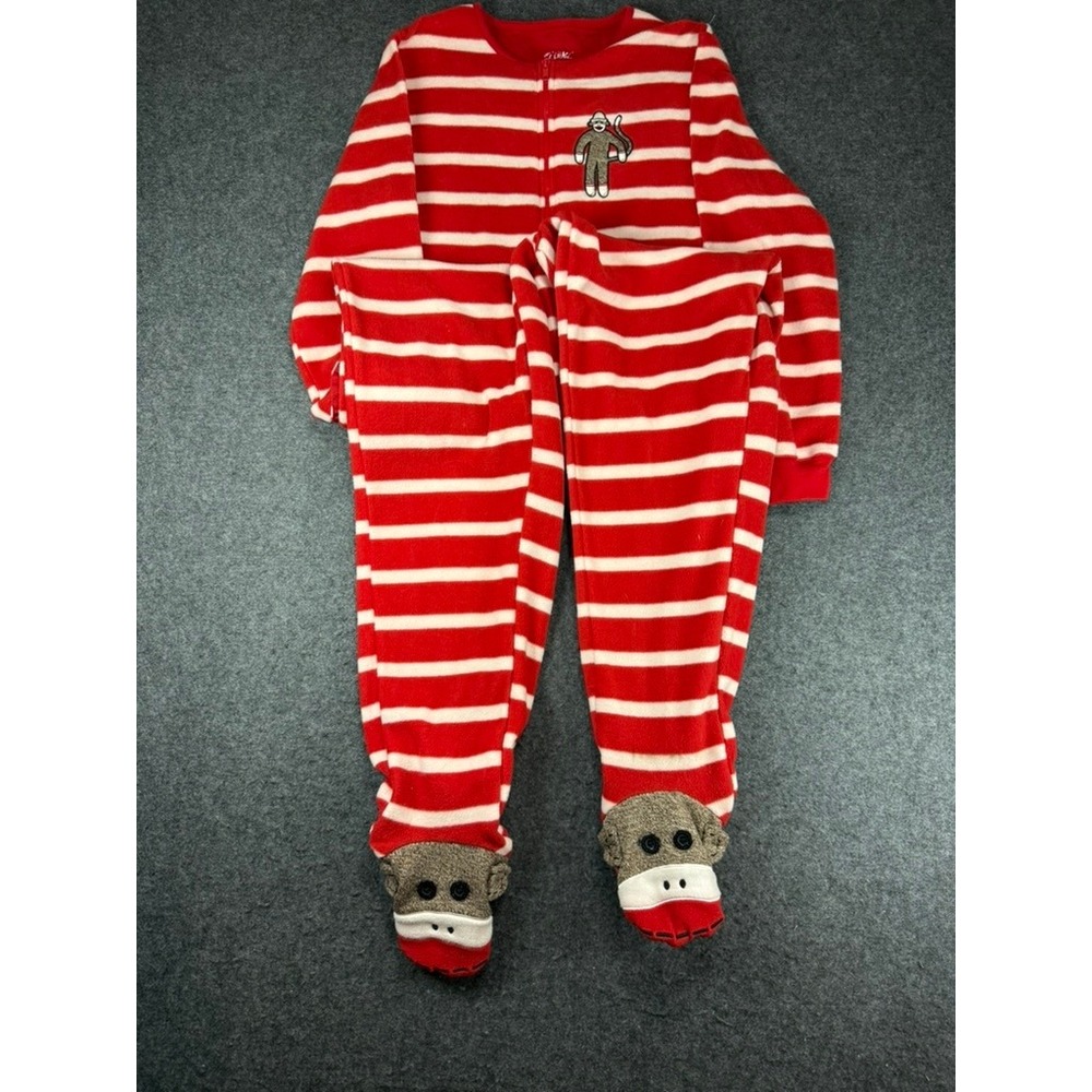 Nick‎ & Nora Fleece Footed Pajamas Red White Striped Sock Monkey Onesie Small